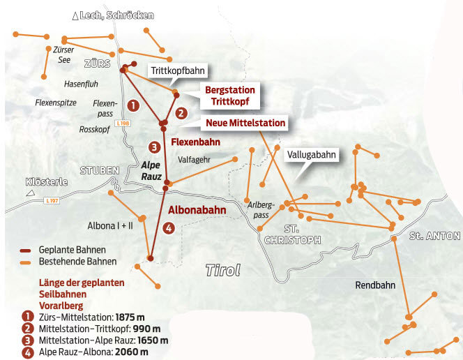 A négy új lift egymás mellett pirossal, körülöttük a már megépített liftek