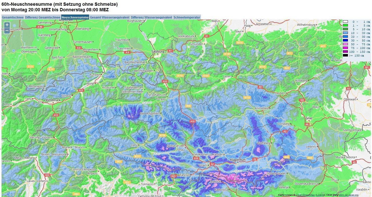 A ZAMG térképe az elmúlt 60 óra havazásának eloszlásáról