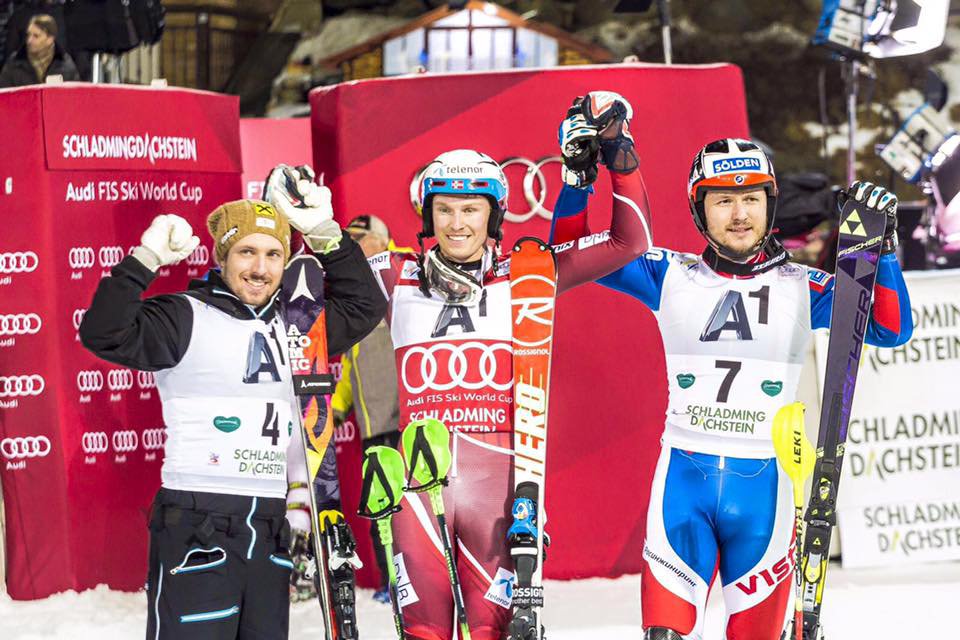 Marcel Hirscher (2.), Henrik Kristoffersen (1.), Alexandr Horosilov (3.)