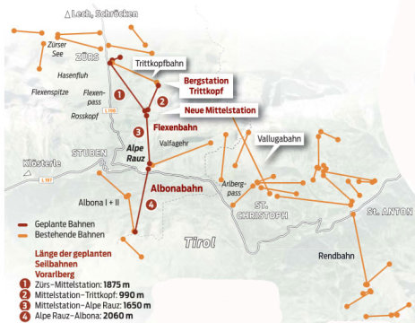 A négy új lift egymás mellett pirossal, körülöttük a már megépített liftek