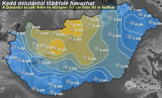 Kedden várható hómennyiség a jelenlegi számítások szerint (bizonyos mértékű bizonytalanság mellett)