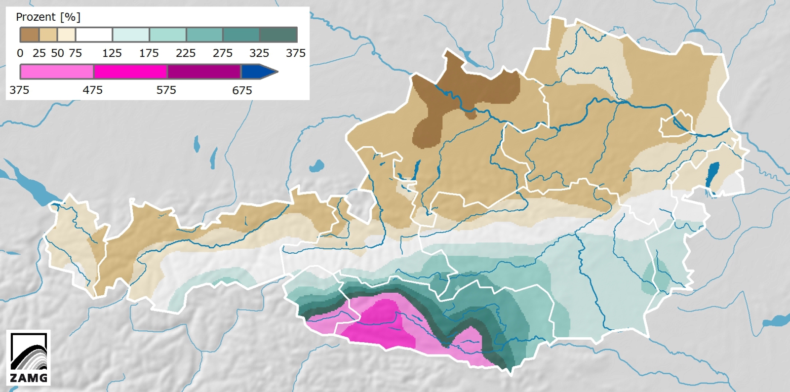 A lila részeken a szokásos csapadék ötszöröse hullott (Kép. ZAMG)