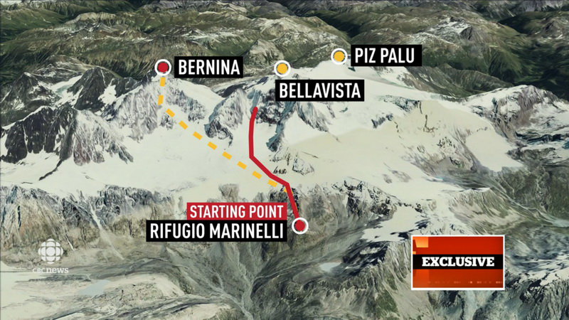 A CBC térképe a helyszínről, a csoport a szaggatott, az áldozat a piros úton ment