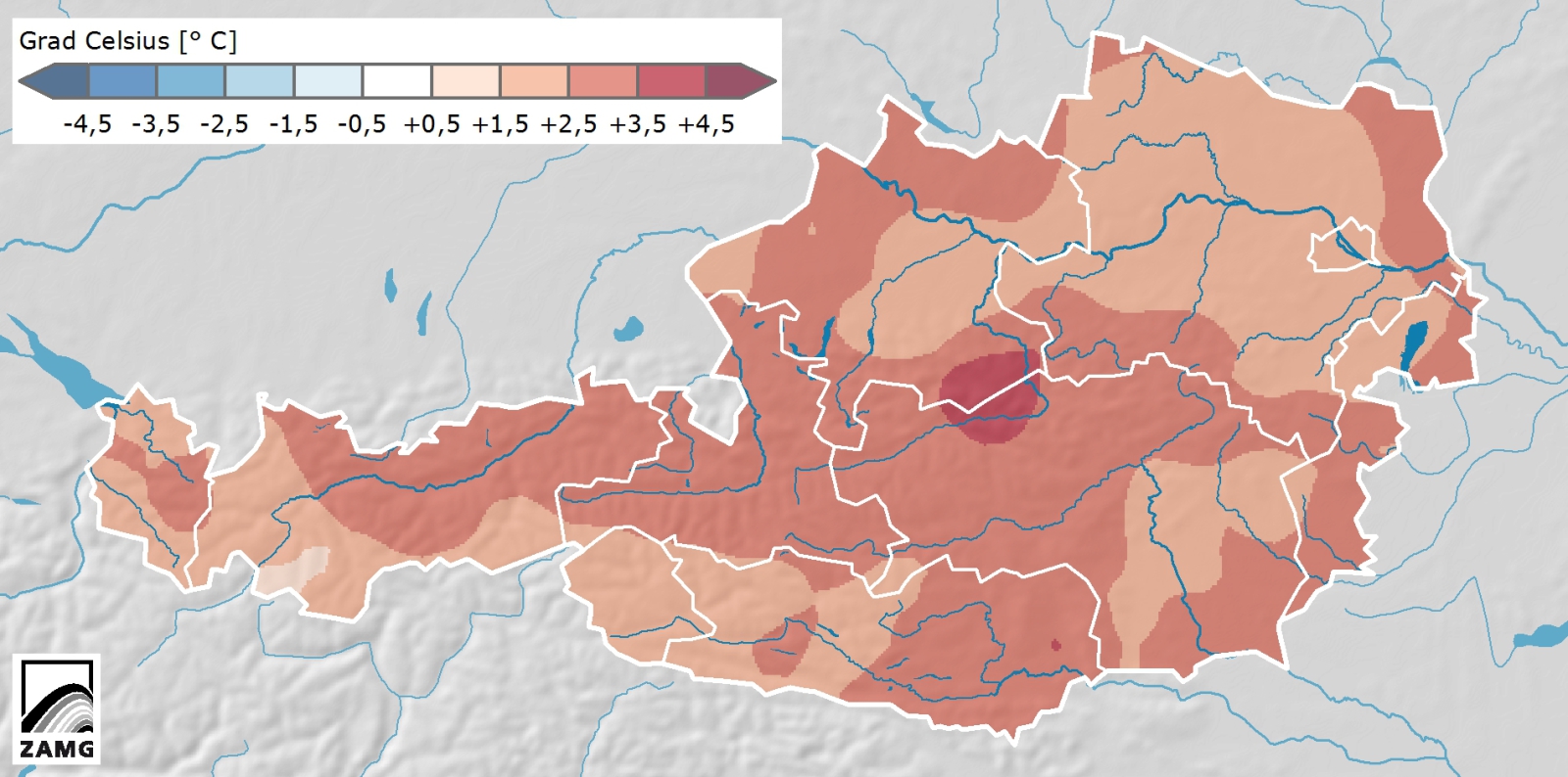 Minél pirosabb, annál melegebb volt az átlagnál (Kép: ZAMG)