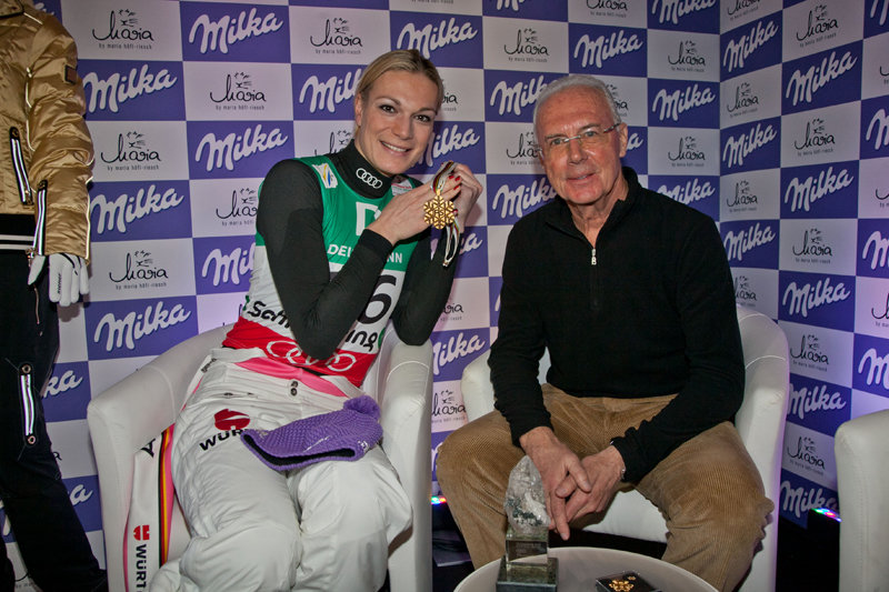 Beckenbauer gratulál Maria Riesch győzelméhez a 2013-as világbajnokságon