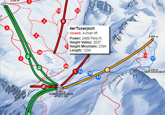 Sárgával a gleccser első fűthető ülésű liftje (A 16-os és 17-es pályák között)