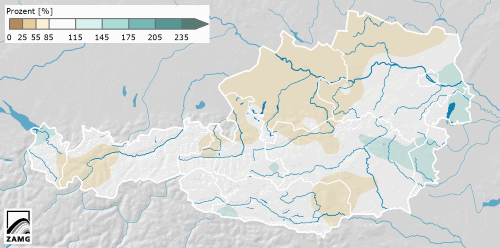 Csapadék mennyisége az utóbbi 30 év átlagához képest százalékban
