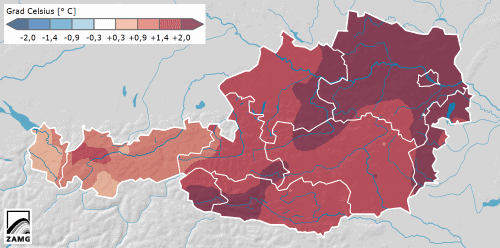 Az idei hőmérséklet az utóbbi 30 év átlagához képest, minél pirosabb, annál melegebb