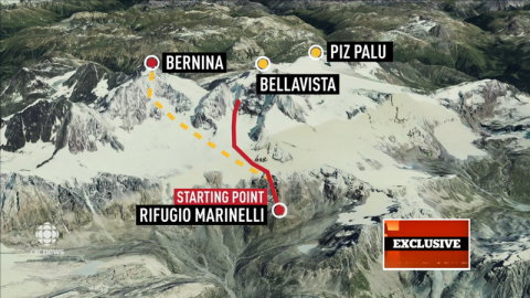 A CBC térképe a helyszínről, a csoport a szaggatott, az áldozat a piros úton ment