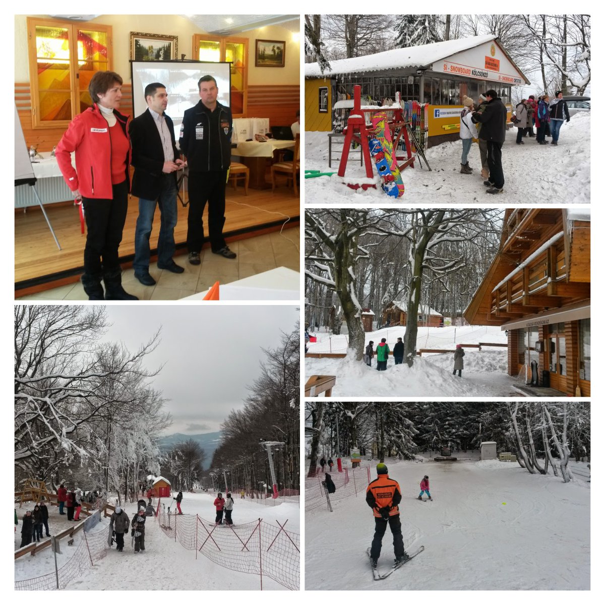 Sajtótájékoztató és a síterep bejárása Kékestetőn. A bal felső fotón dr. Egri Katalin (SMSZ), Kobzi Tamás (Mátra Centrum Kft.) és Klausmann Viktor (Síakadémia Síiskola) | Fotó: Wesselényi Andrea