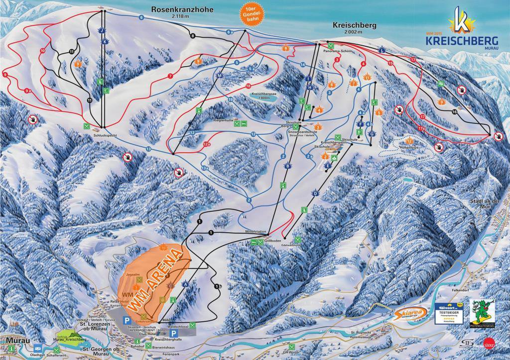 A WM ARENA-ként jelzett területen lesznek a versenyek - a síterep többi része zavartalanul síelhető lesz a VB idején!