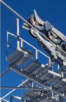 Rugós csillapítású alsó és felső görgősorral ellátott tartóoszlop.