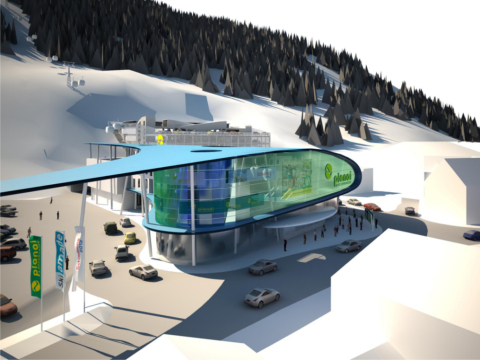 A Planai megújuló 6500 négyzetméter alapterületű völgyállomását egy ezer négyzetméteres üveghomlokzat borítja.