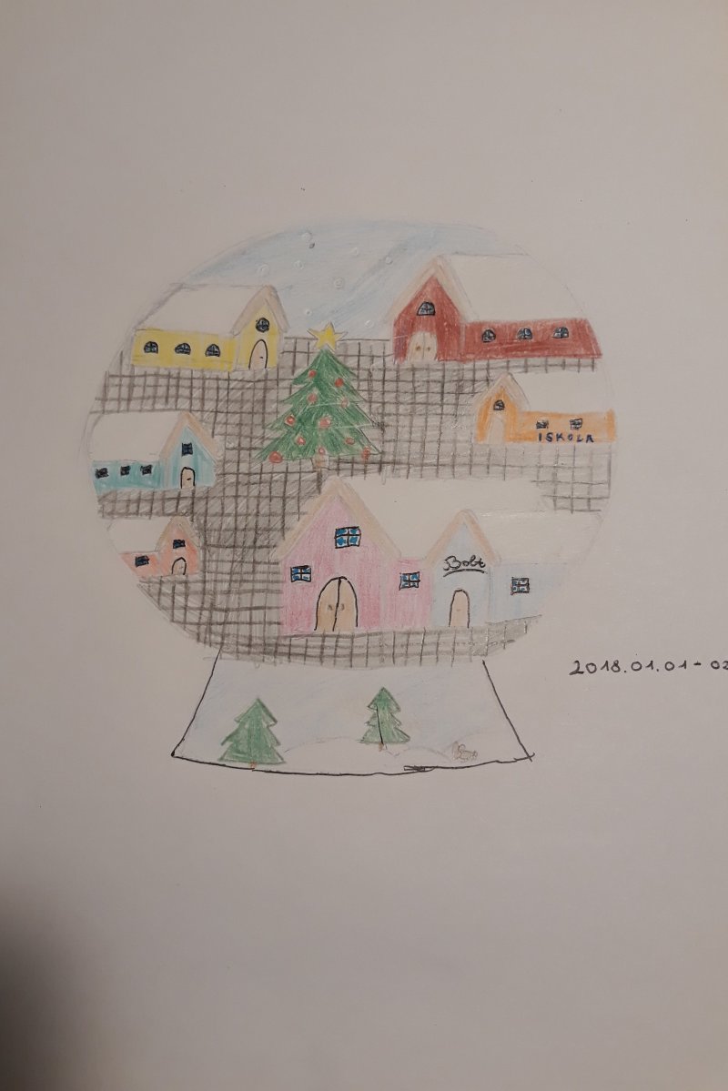 Kapitány Zsófi, 9 éves - Ha éppen sehol nincs hó, akkor legszívesebben a hógömbömet nézegetem, olyan jó újra meg újra megrázni...a rajzomon is ezt láthatjátok.