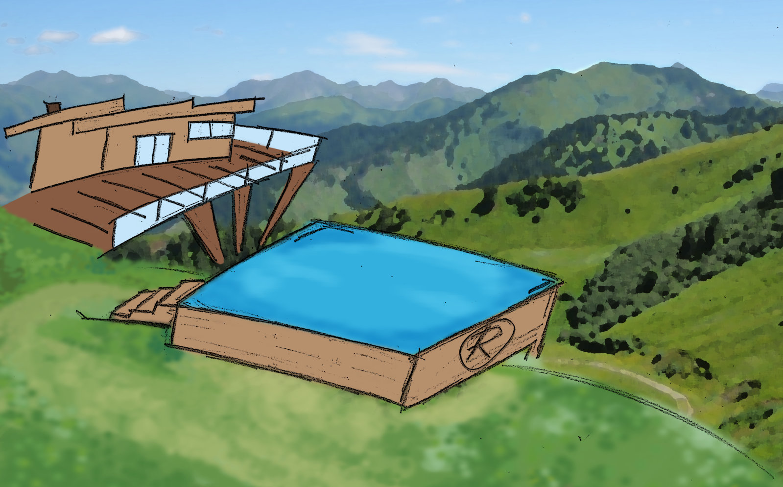 A Riesneralm-on épülő hegyi fürdő látványterve | Grafika: Zuschnitt