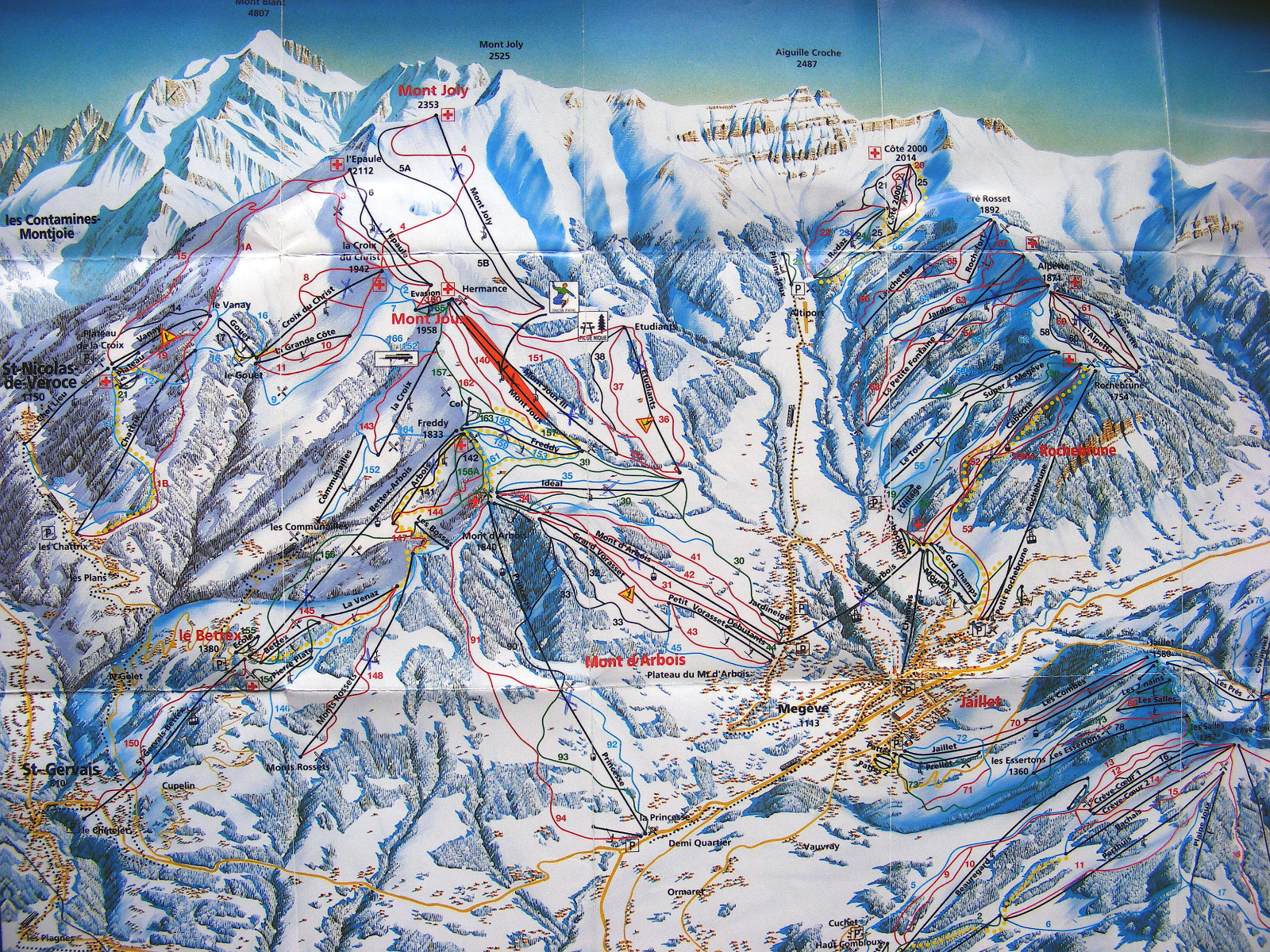 Áttekintő térkép a két régió (St.Gervais-Megeve), felvonó és pályarendszeréről