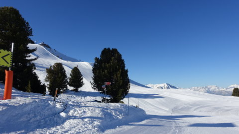 A 31 Trabanta lift teteje, panoráma délnyugati irányba, a piros pálya a 17 Cheminée lift mellett