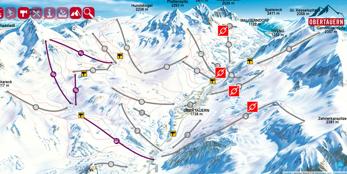 A térkép bal oldalán, lilával jelölt liftek üzemelnek