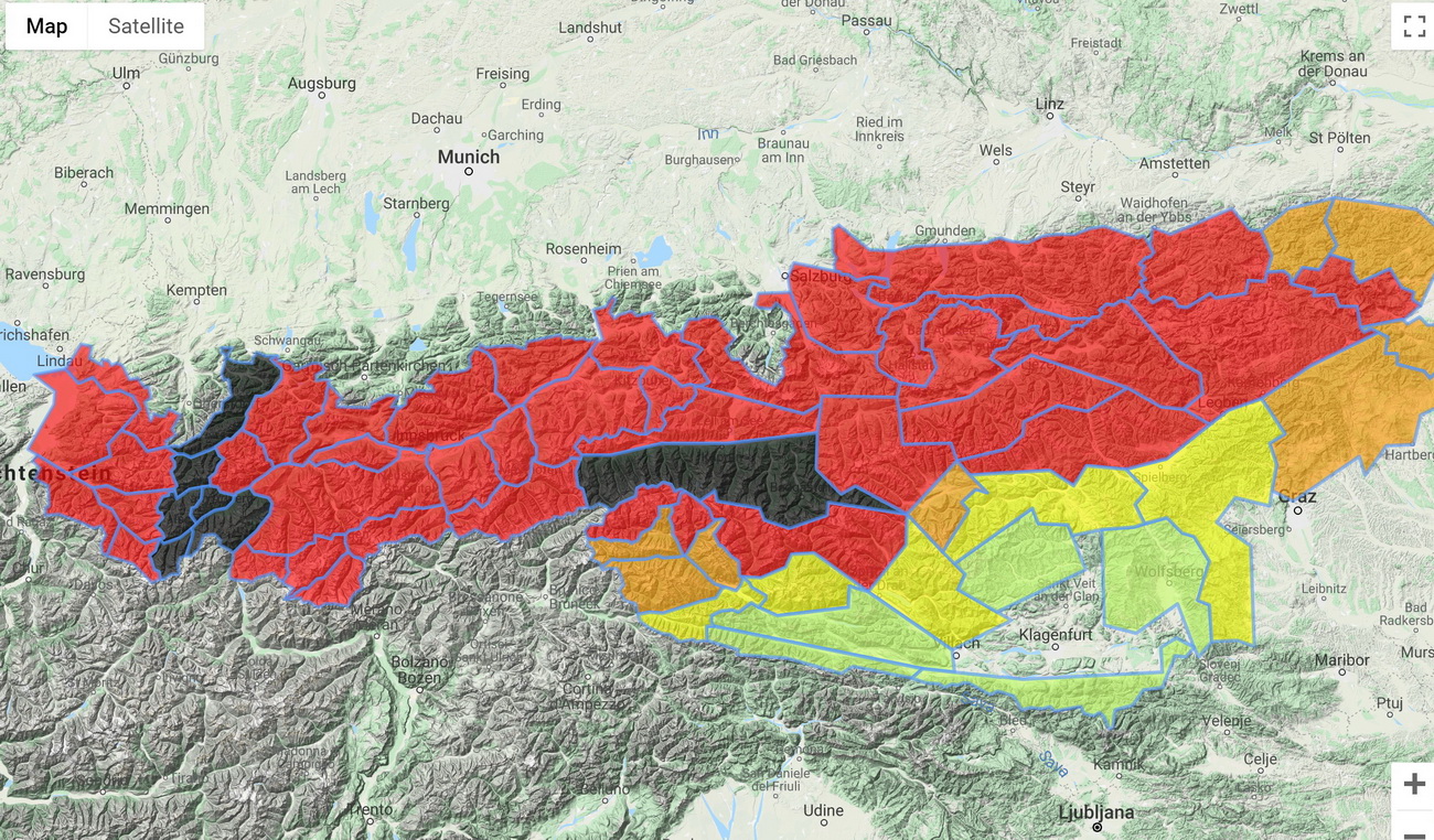 Lavinainfó: sötéttel az 5-ös jelzésű területek (lawinen.at)