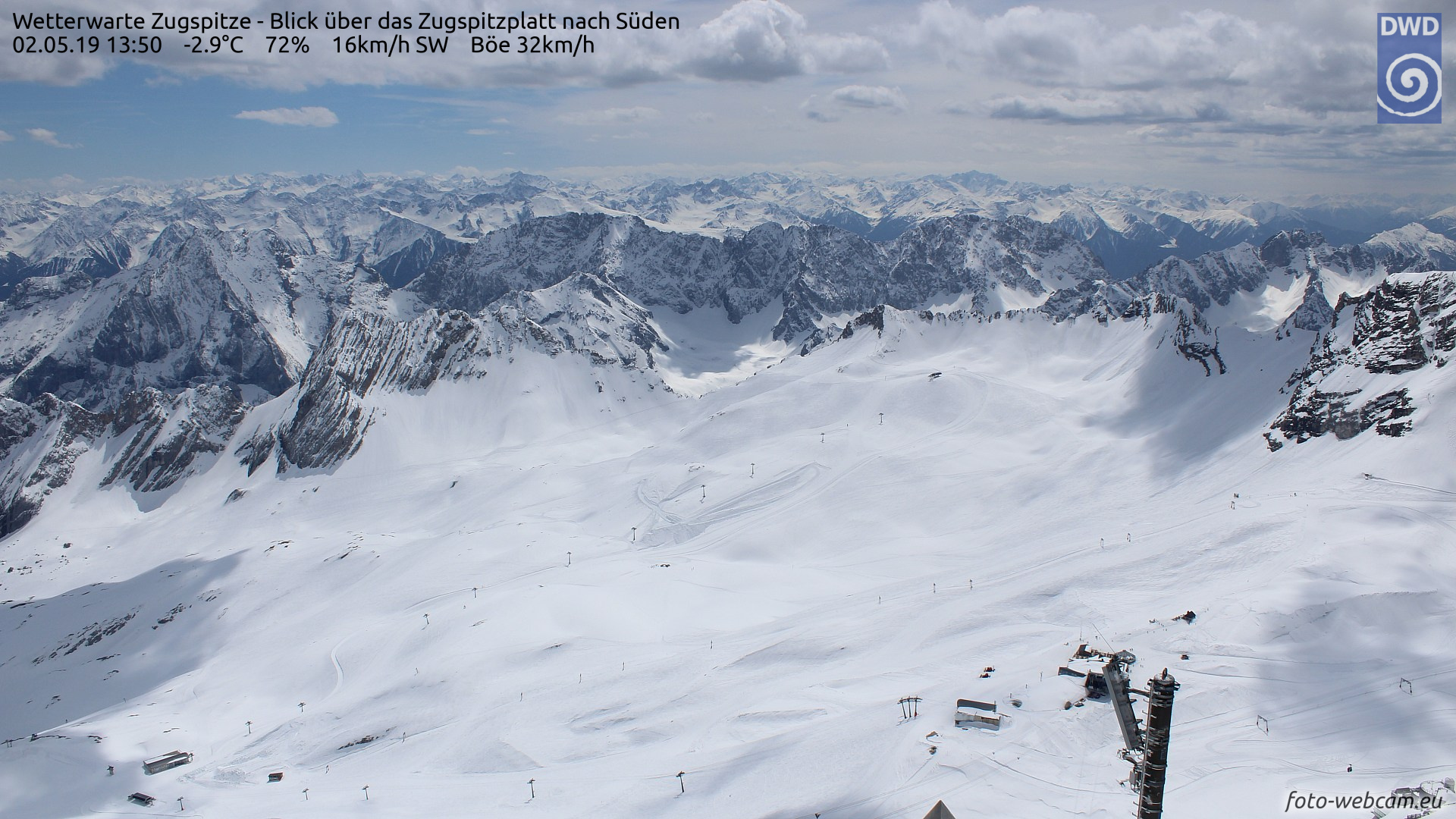 Mai webkamera: Zugspitze Süd 2962m. Németország