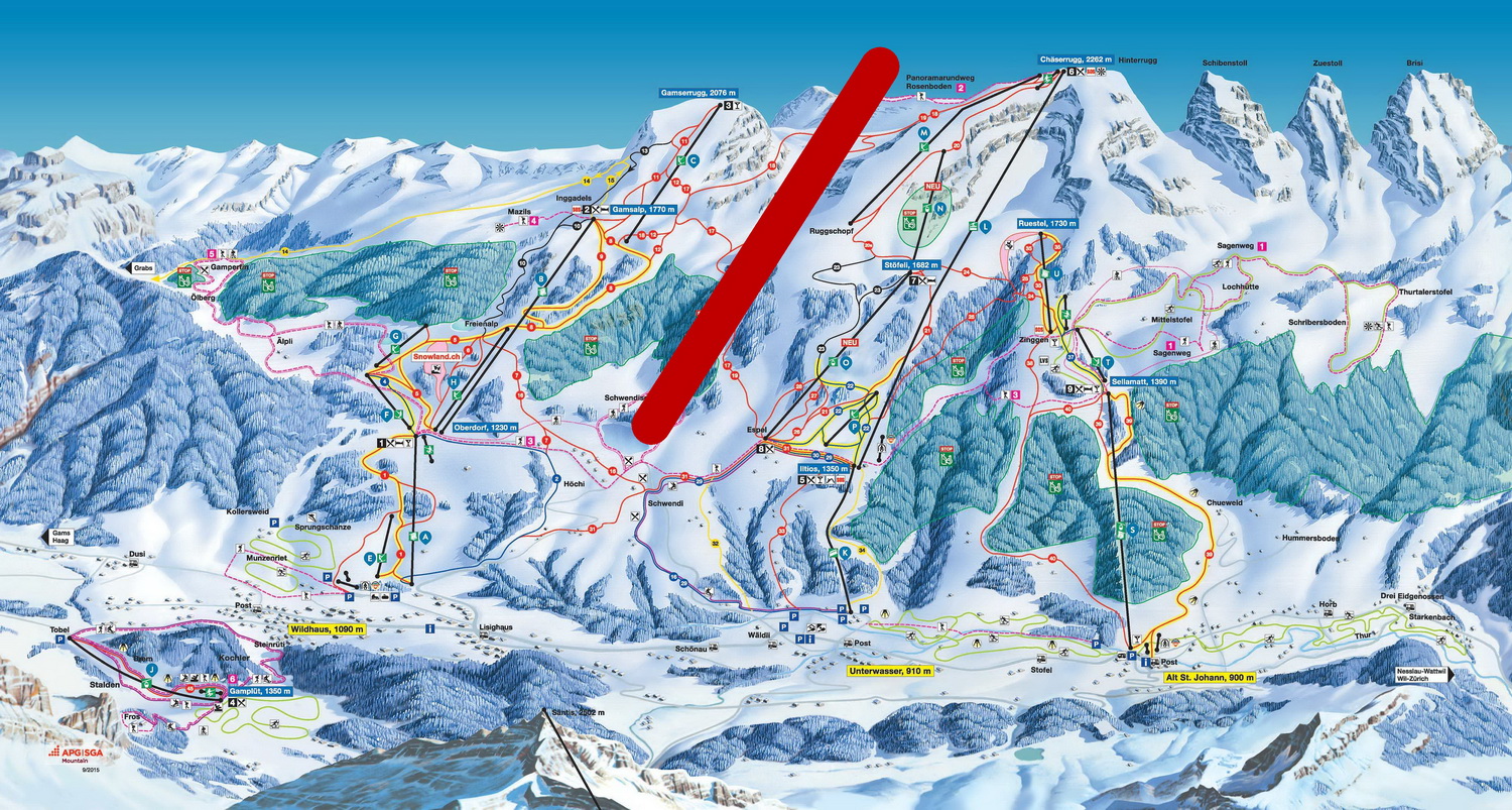 A térképen pirossal kettévágva a két a síterep