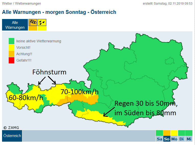 Az Osztrák Meteorológiai Intézet (ZAMG) figyelmeztetése vasárnapra: nyugaton szélviharok, délen sok eső