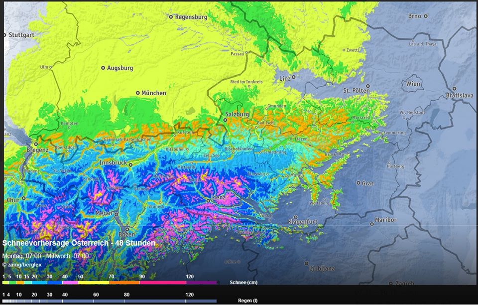 Várható havazás mennyisége szerdáig (ZAMG)