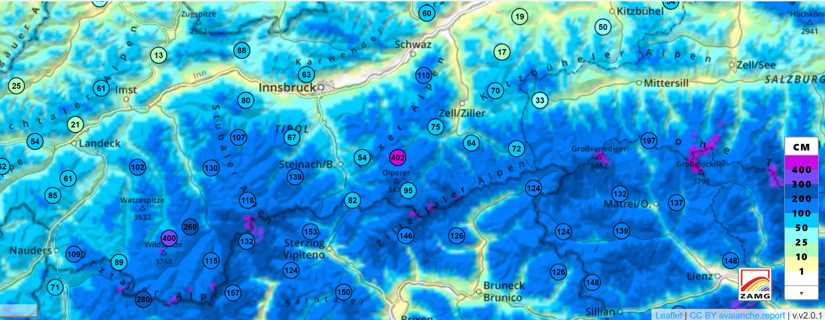 Jelenlegi hóvastagság a hegyekben, a tiroli, dél-tiroli és kelet-tiroli határon