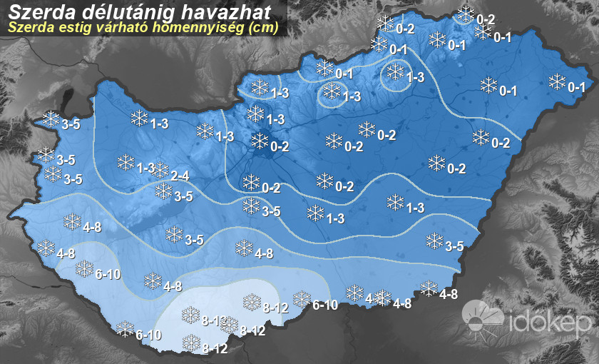 Az Időkép előrejelzése: várható hómennyiség szerdáig. Délen várjuk a legtöbb havat.