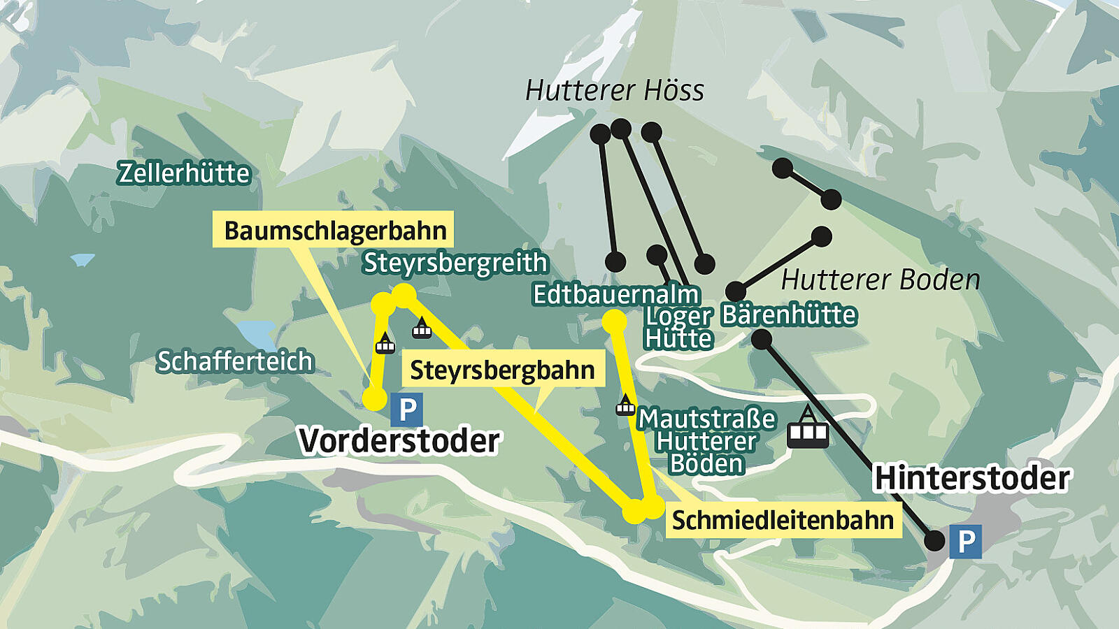 A mostani tervek (sárgával a tervezett liftek)