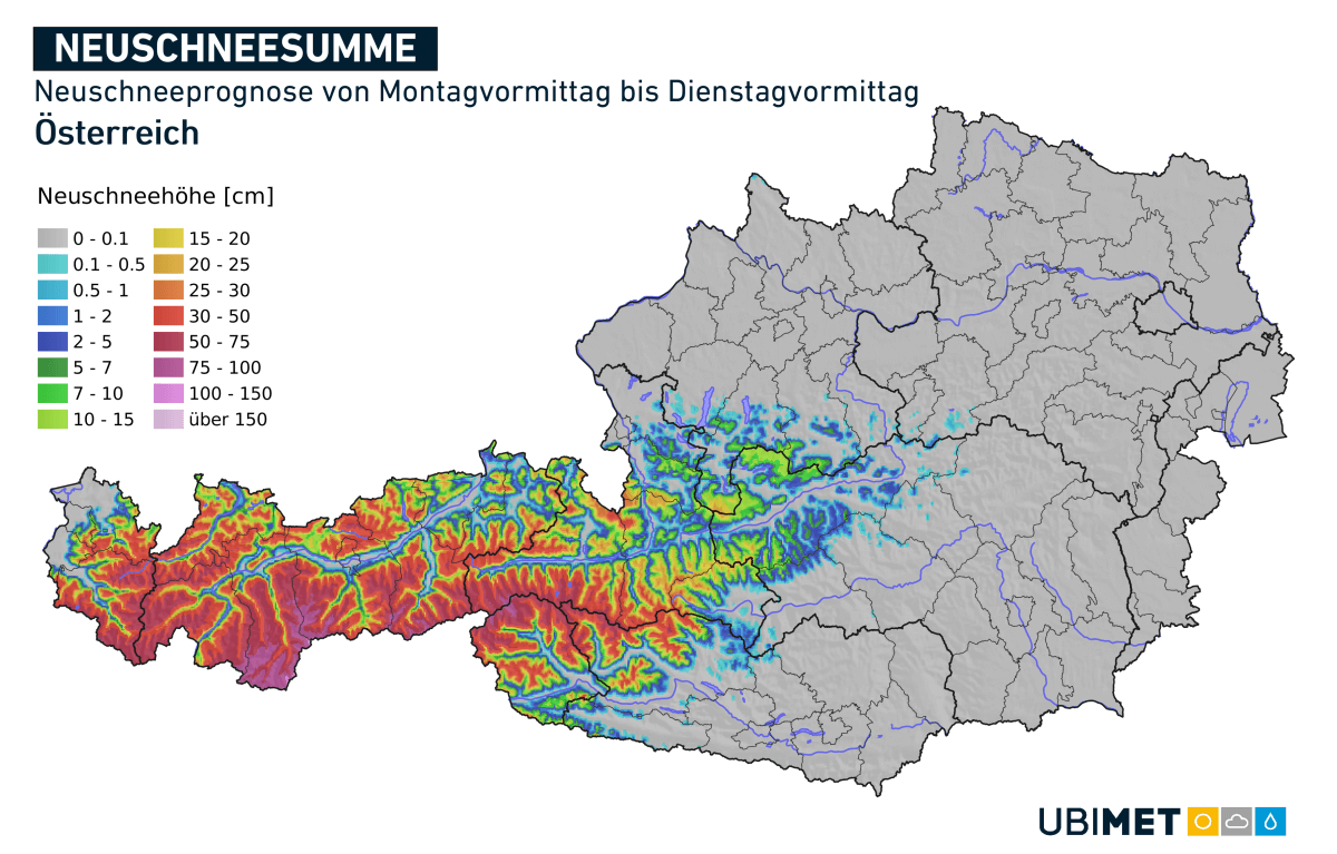 Kedd délelőttig várható friss hó mennyisége Ausztriában