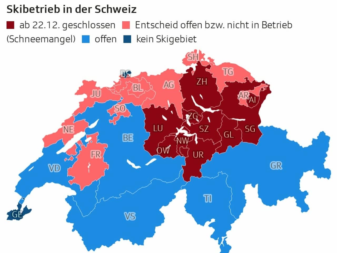 A vörössel jelölt kantonok sípályái december 22-től zárva. A kékek továbbra is nyitva.