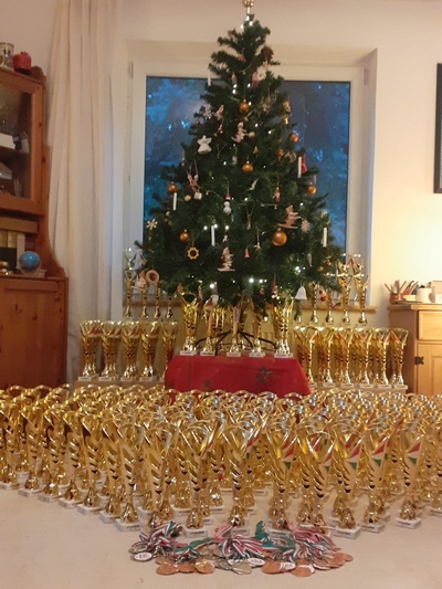 A jubileum alkalmából minden rajtoló gyermek egy 30 cm magas kupát kap! A 260 darab elkészült kupa látható a képen.