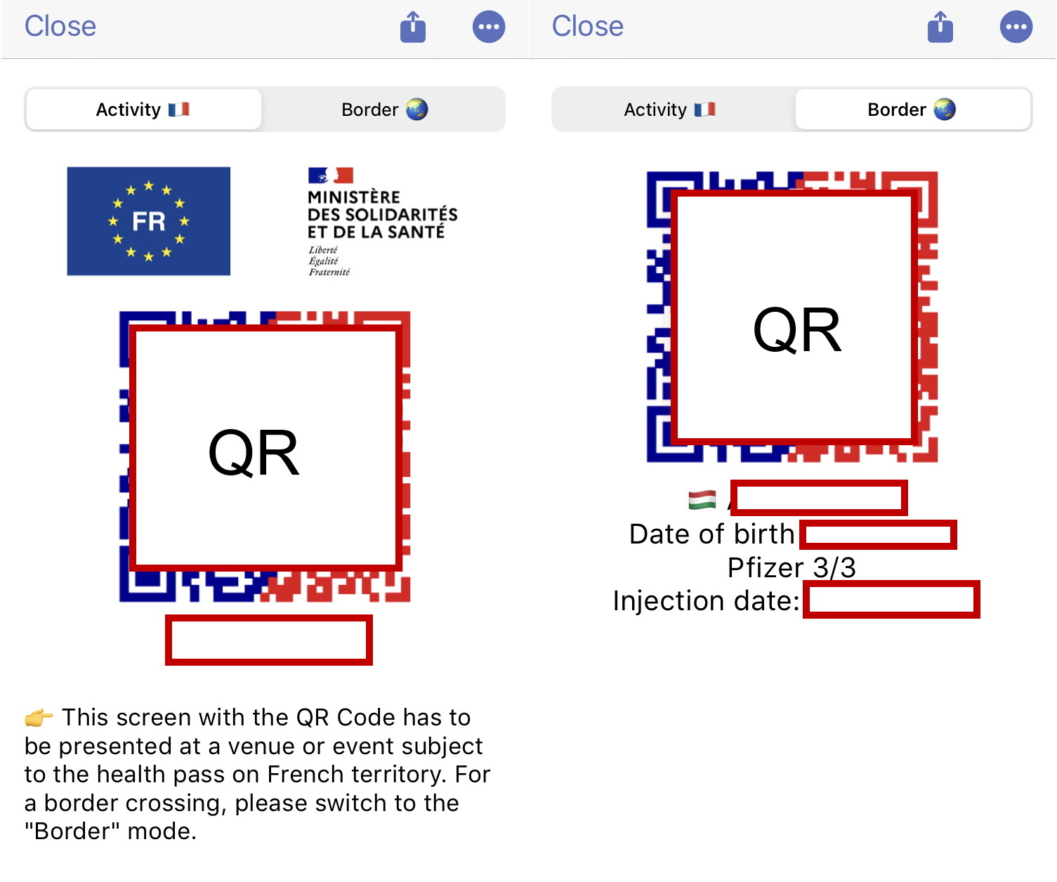 Két igazolás az alkalmazásból. Egyik a szolgáltatásokhoz (bal), másik a határon (jobb).