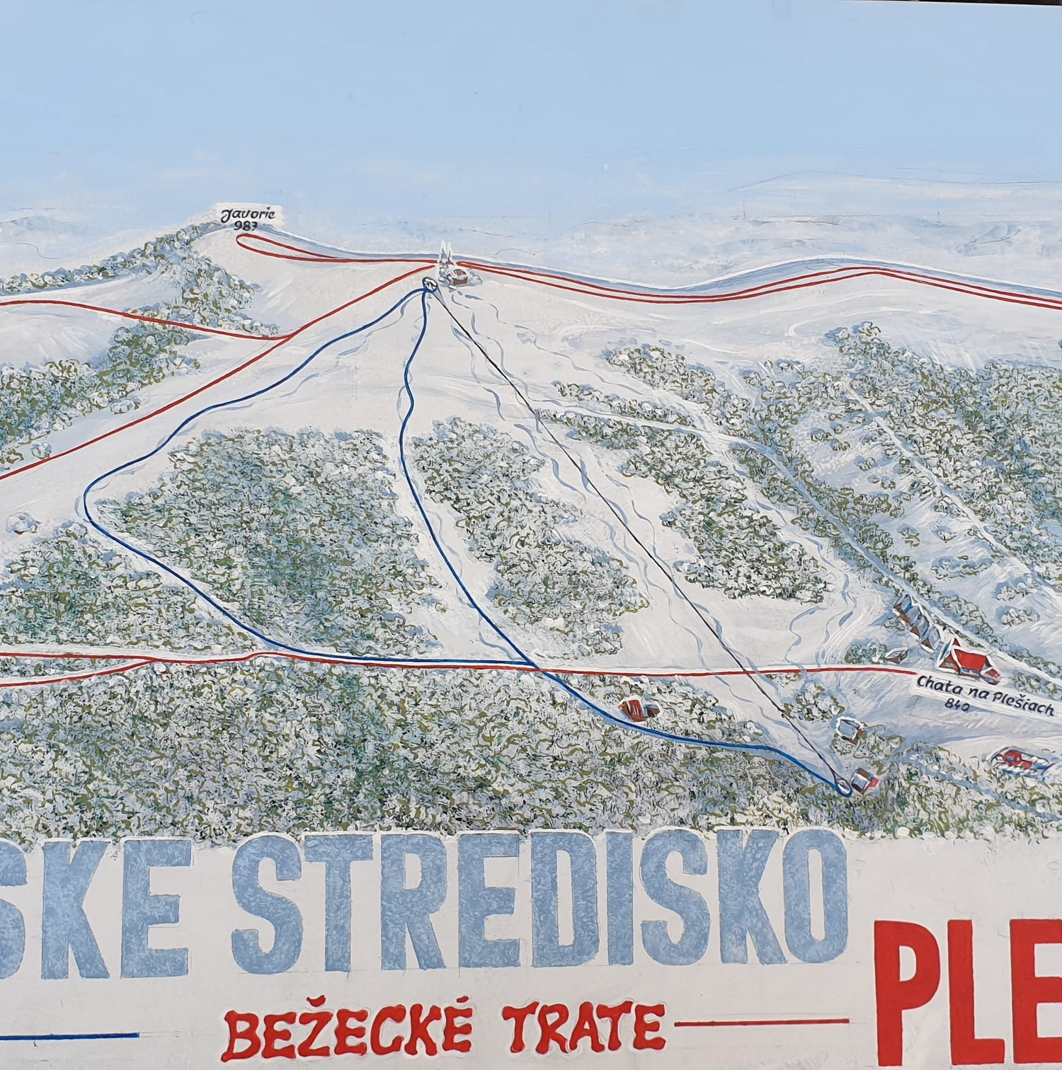 A lift feketével, az alpesi pályákkal kékkel, a sífutó pályák pirossal