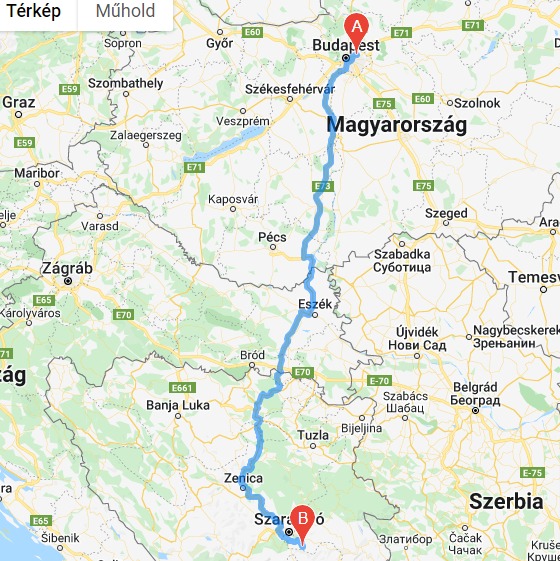 Útvonal Budapestről Jahorinára. A távolság 570 km, a menetidő 7-8 óra. | Térkép: Google