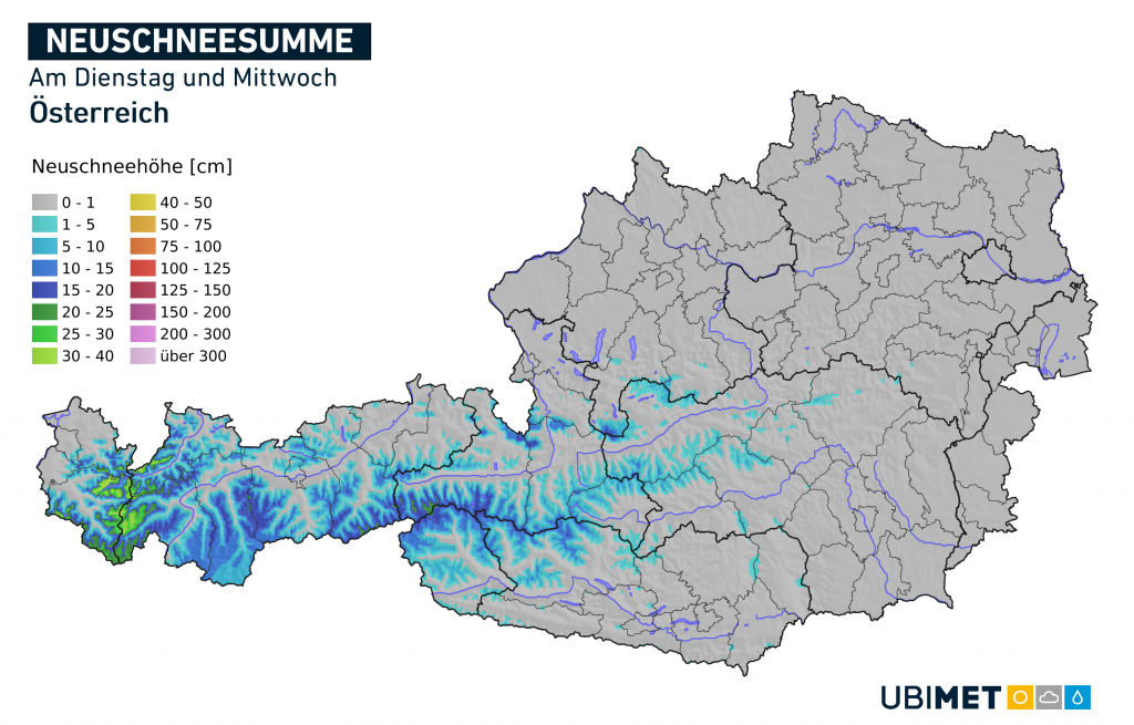 Várható hómennyiségek Ausztriában kedden és szerdán