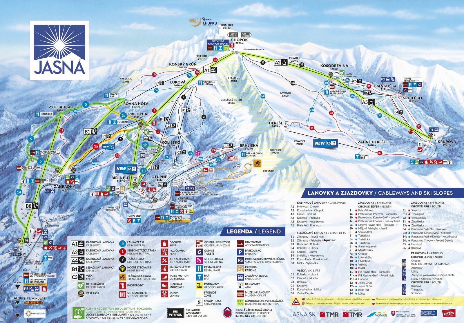 Az első nap kínálata. Zölddel az üzemelő pályák és liftek