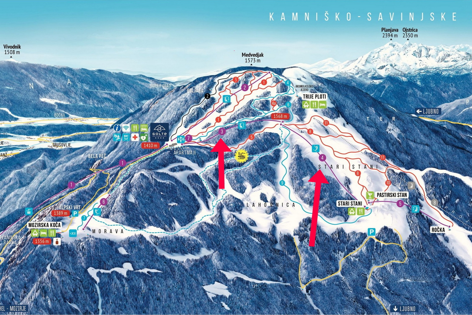 A lecserélt liftek nyomvonala a régi sítérképen