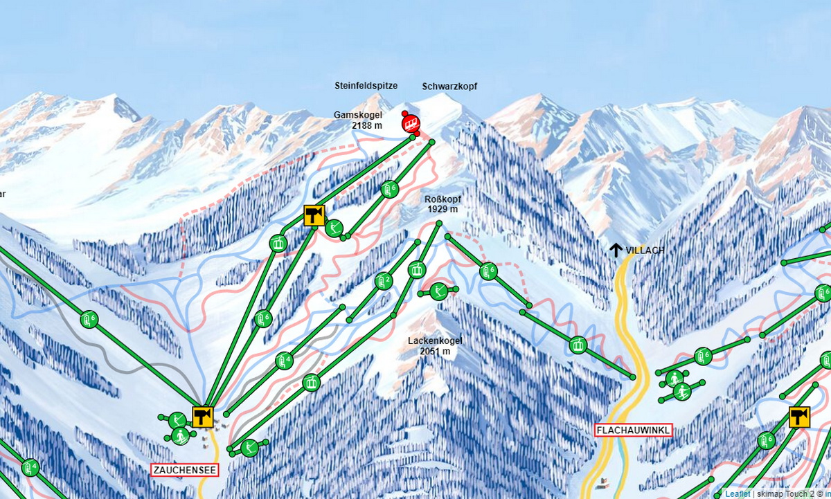 A sikló pirossal (most nem üzemel) a sítérképen