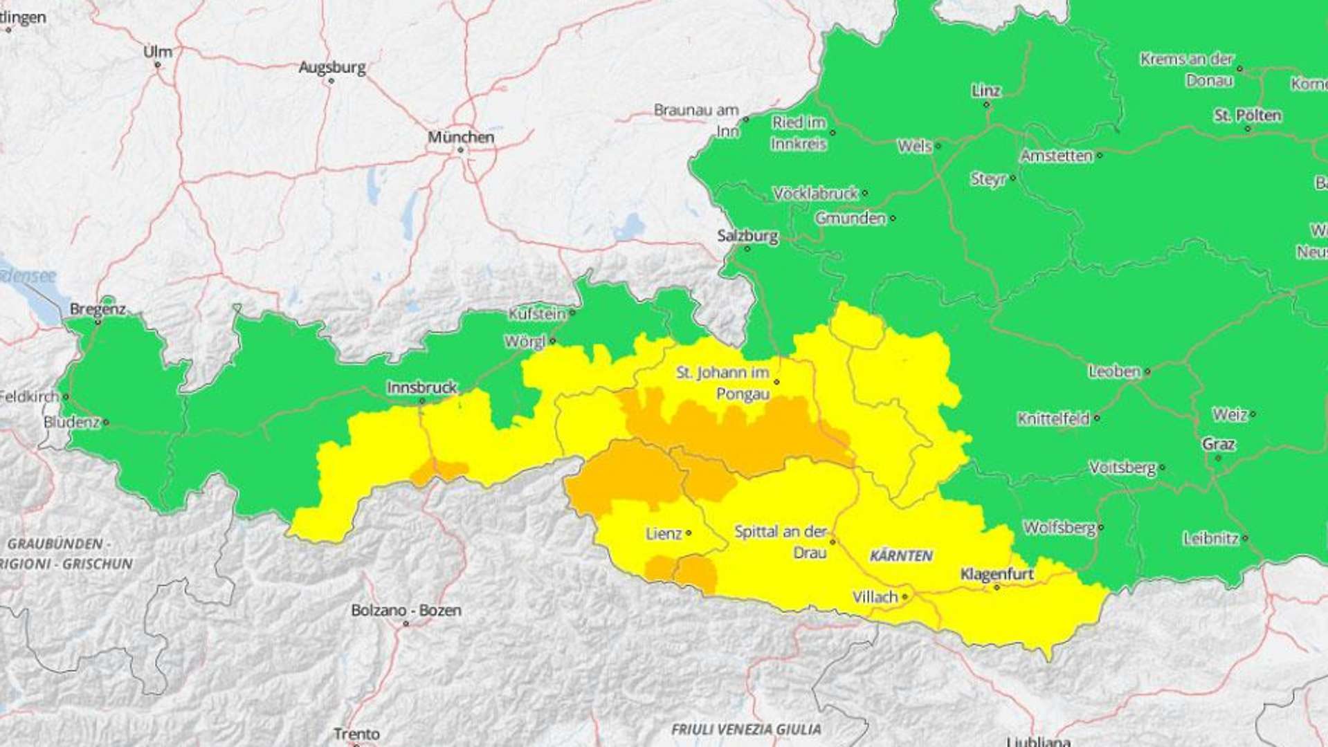 A narancsszínű figyelmeztetés érintett területei