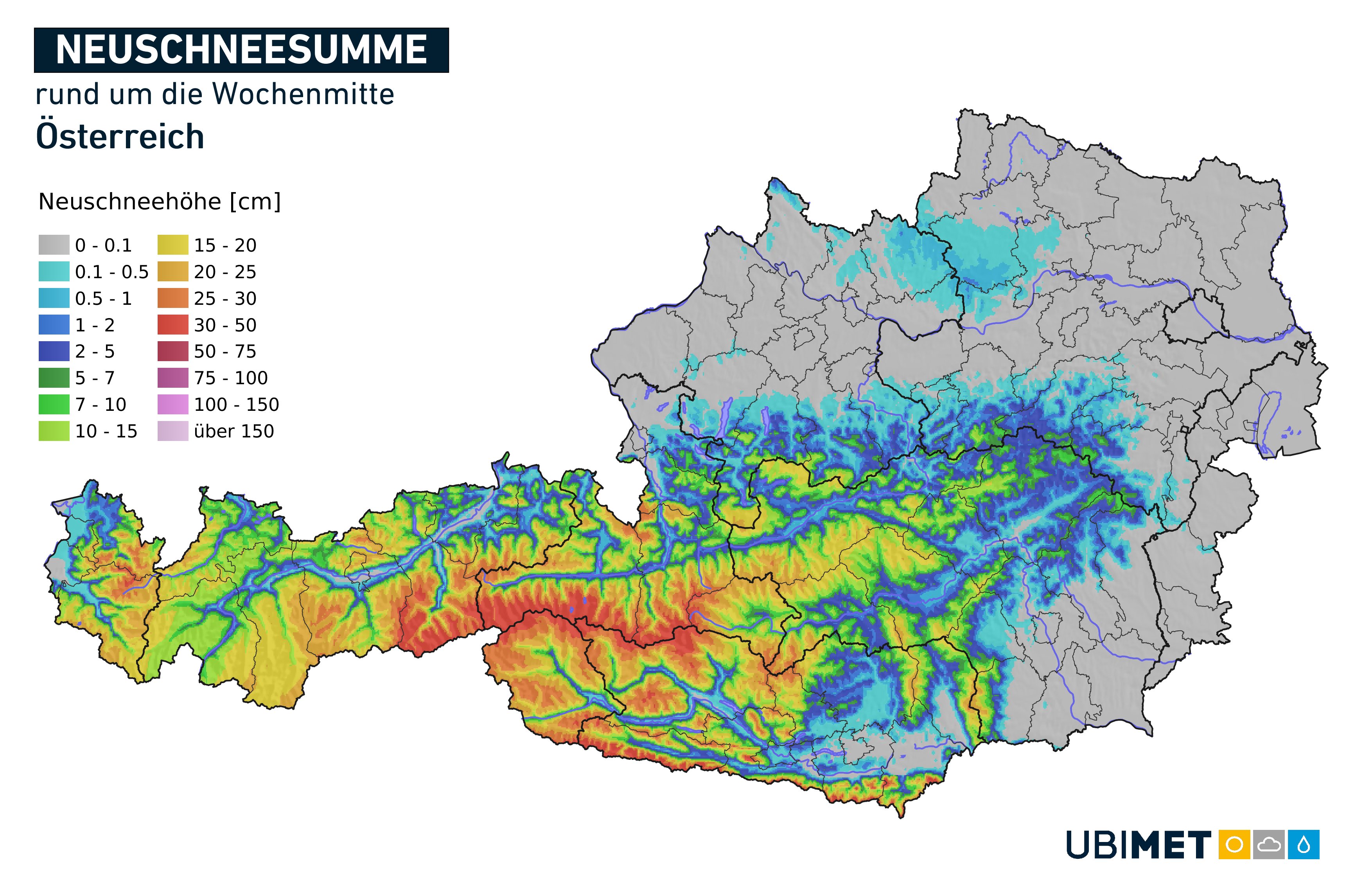 Osztrák előrejelzés, a friss hó területi és mennyiségi eloszlásban (Kép: Ubimet)
