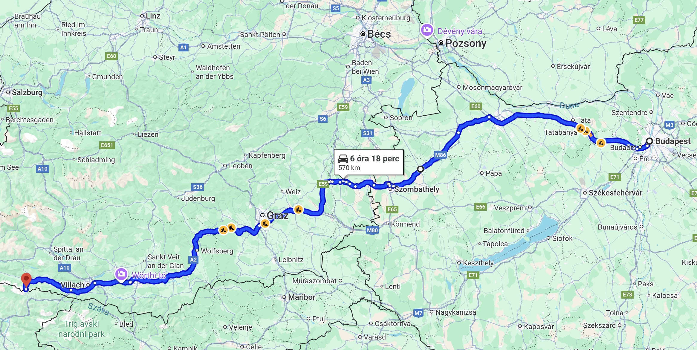 A Google Maps útvonaltervezője jelenleg még ezt az utat ajánlja Nassfeldig