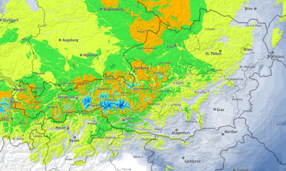 Kedd reggel 7 és szerda reggel 7 közti várható hómennyiségek, helyenként csak ebben az időszakban 40-50 cm friss hó (a térkép nem tartalmazza a reggel hétig leesett , illetve a szerda reggeltől várható friss havat - Geosphere Austria