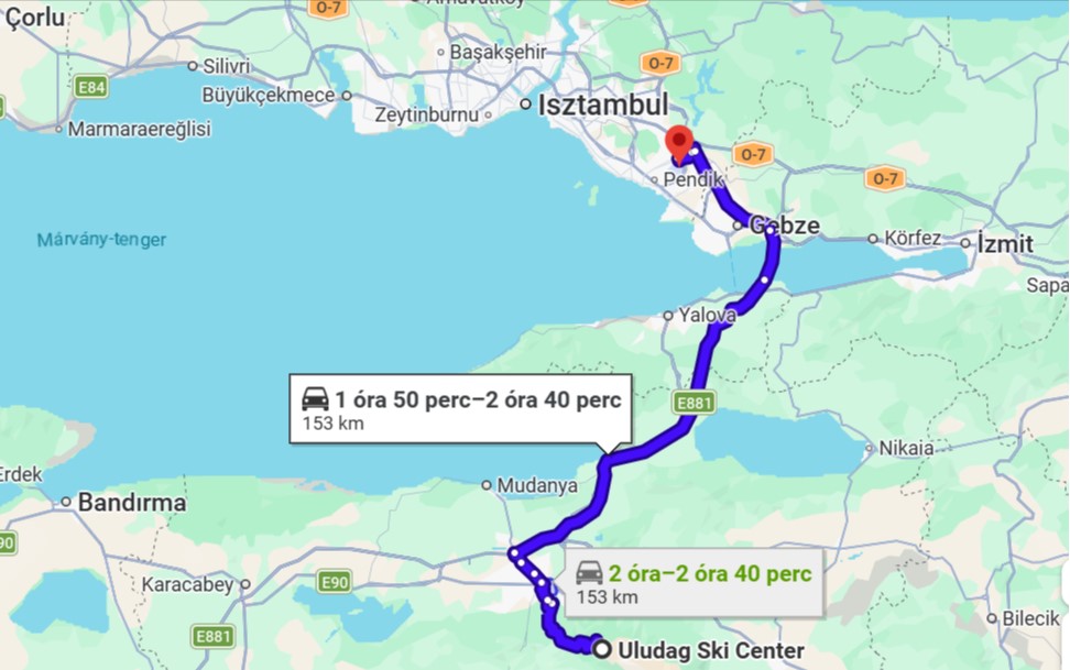 Uludag megközelítése Isztambulból | Forrás: Google Maps