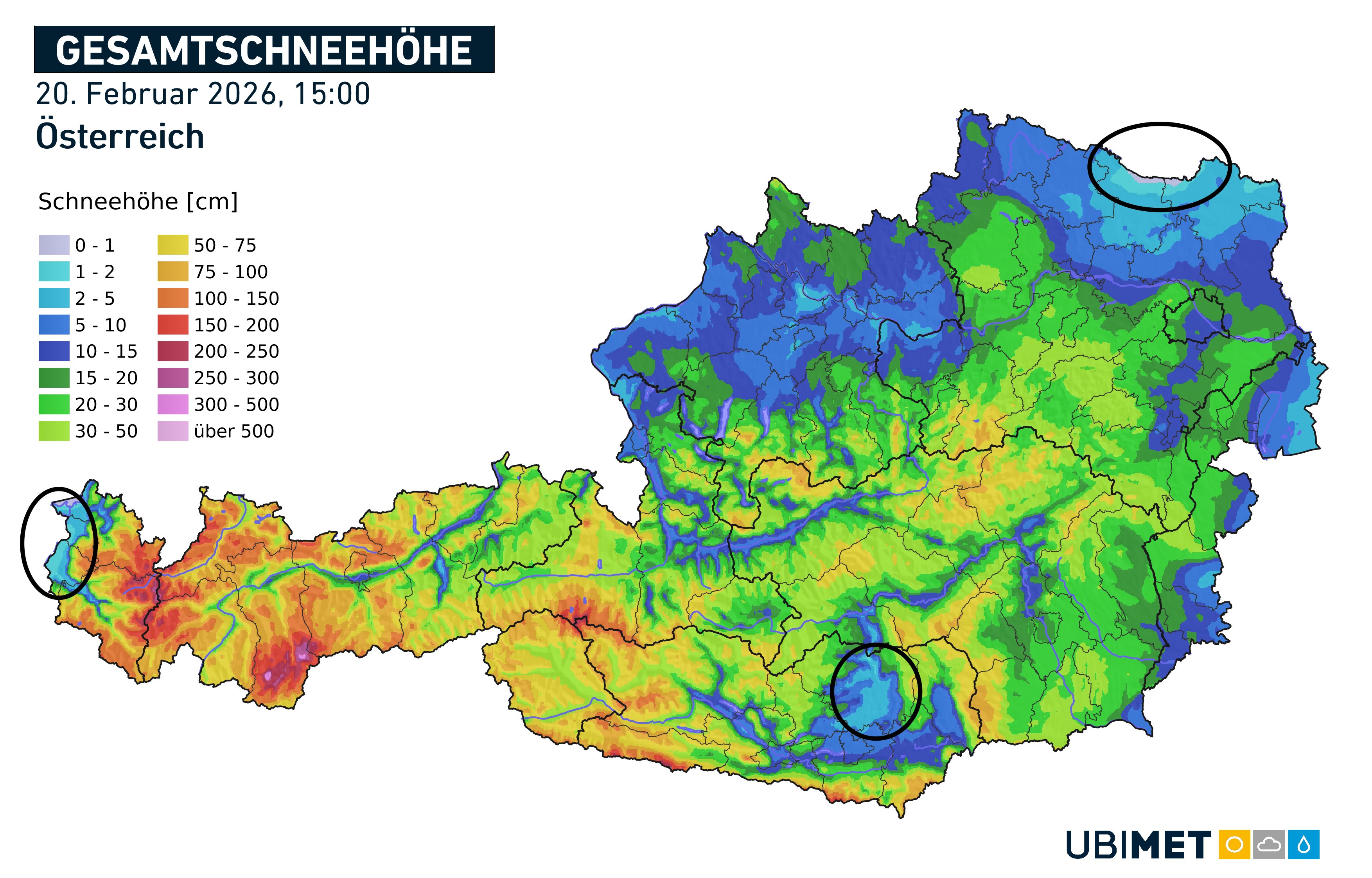 Tegnapi hóhelyzet Ausztriában. Csak a 3 bekarikázott régióban nem volt összefüggő hótakaró