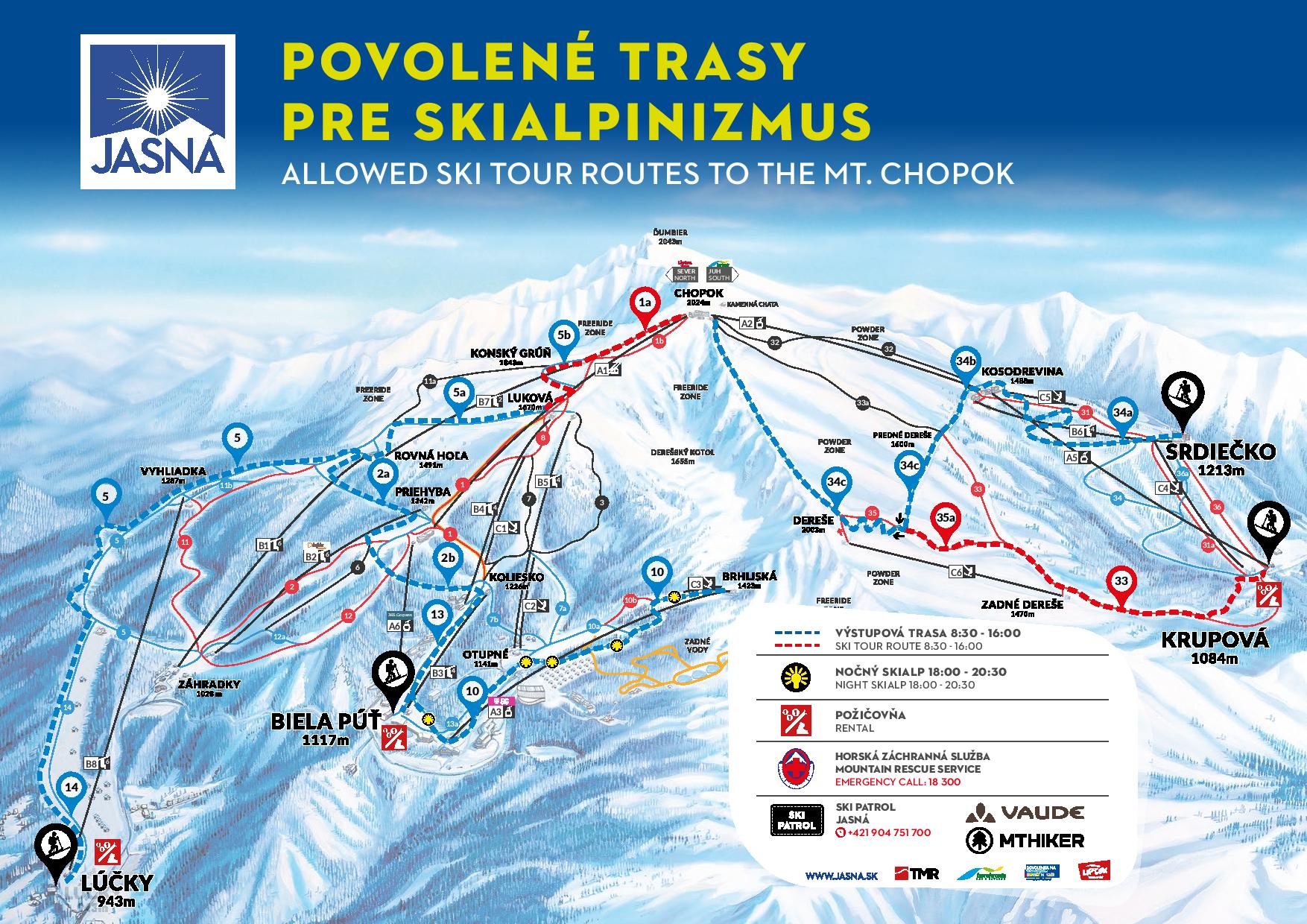 Sítúrázásra kijelölt útvonalak Chopokon