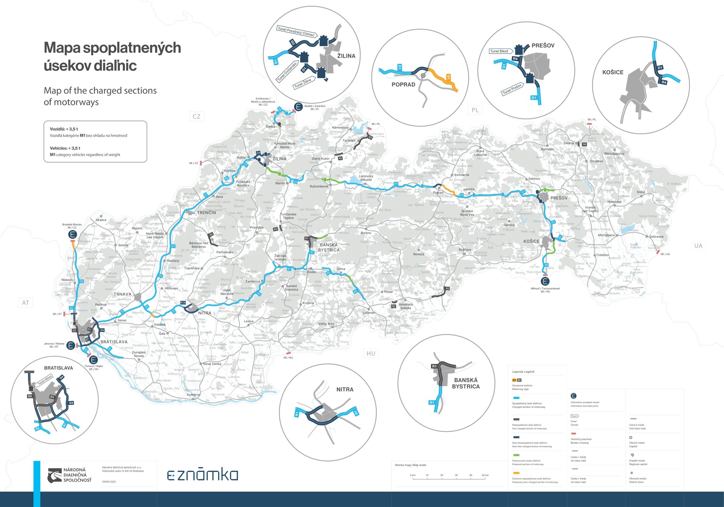 Szlovákia 2025-ös autópálya térképe. Kék: fizetős szakaszok | Fekete & sötétkék & sárga: ingyenes szakaszok | Zöld: építés alatt | Szerk: Kassa délkeleti elkerülője át lett adva, a térkép még ezt nem mutatja!