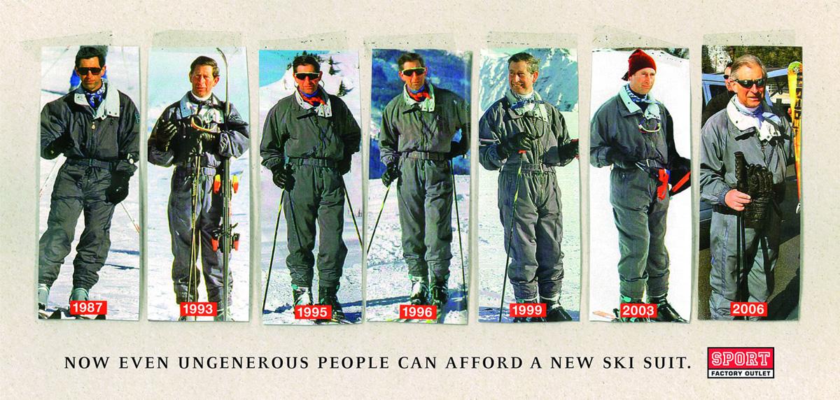 Reklámszöveg: "Végre a szűkmarkú emberek is vehetnek maguknak új síruhát."