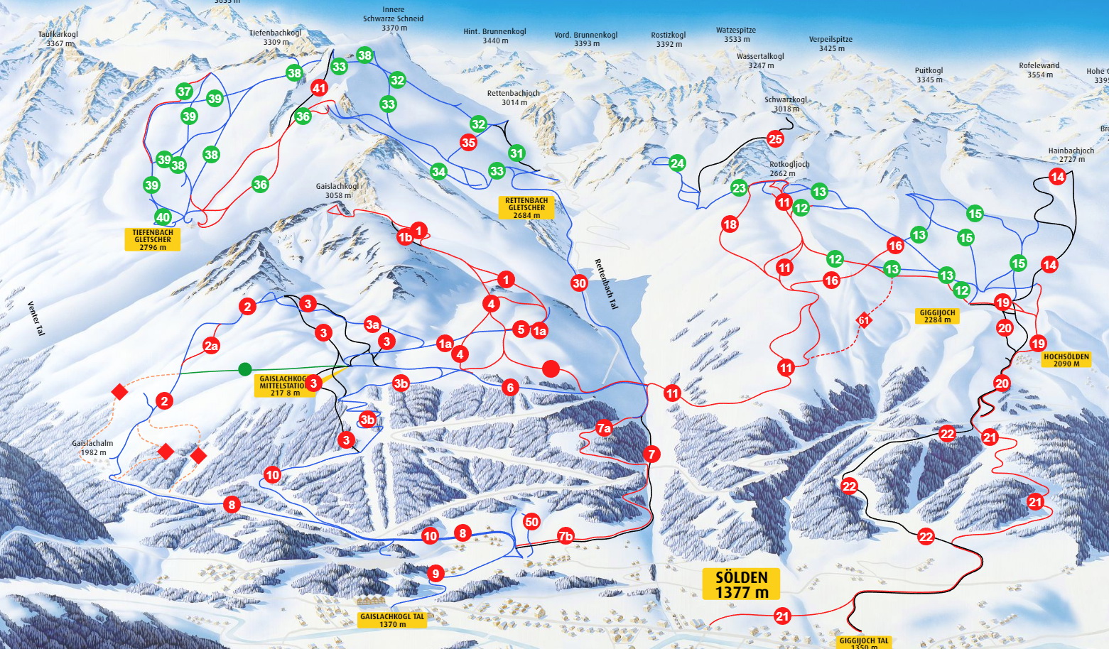 A már síelhető pályák zölddel jelölve
